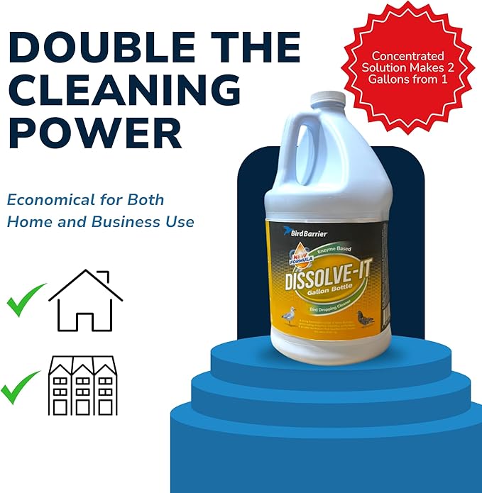 BIRD BARRIER Dissolve-It Enzyme Cleaner - Bird Dropping - Dissolves Waste – Treat Affected Areas Before Installing Bird Control Products - 1 Gallon Makes 2 Gallons