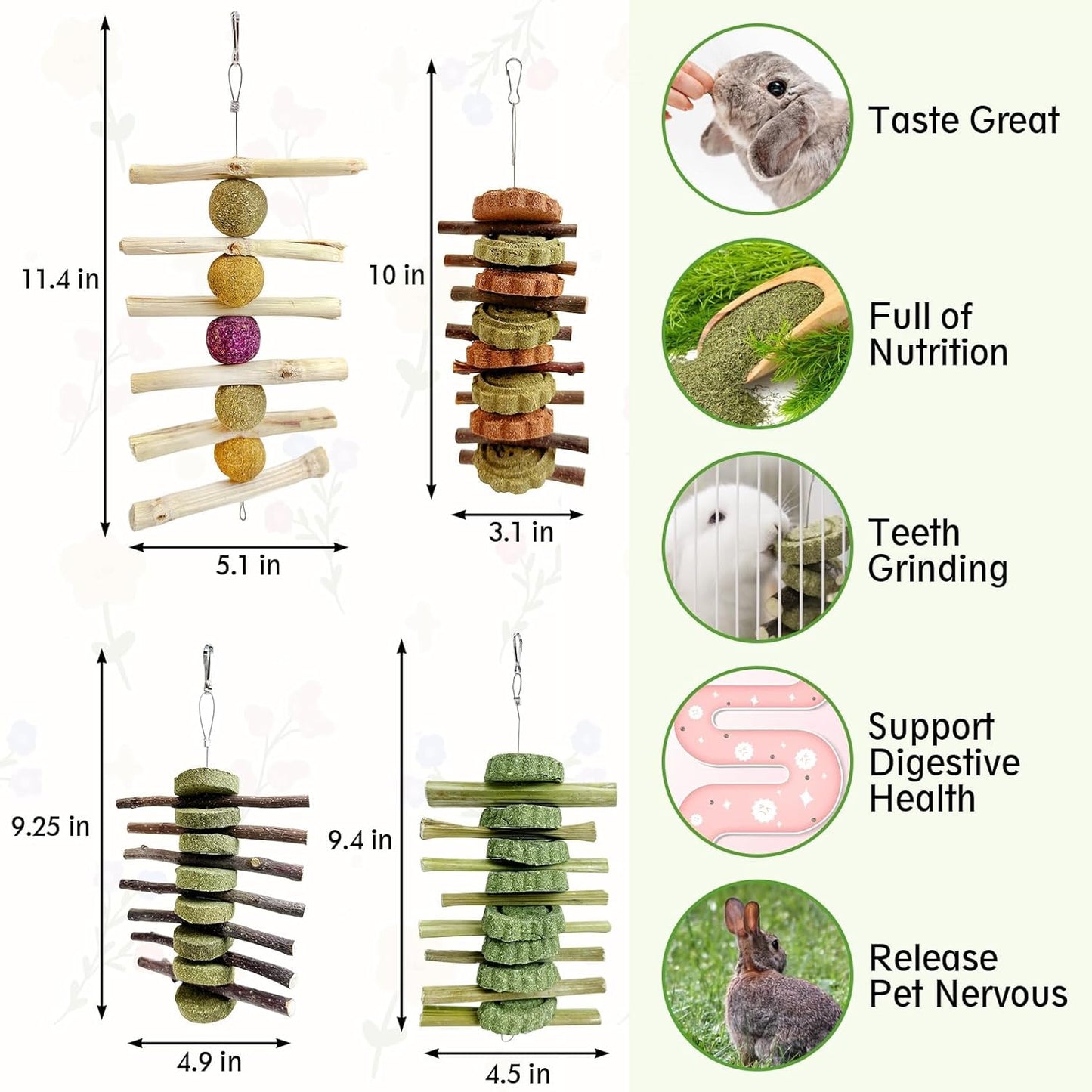 Hamiledyi 4PCS Bunny Chew Toys Rabbit Toys for Teeth Grinding Natural Fruit Sticks Timothy Grass Small Animal Chew Toys and Treats for Guinea Pig Hamster Chinchilla Squirrel