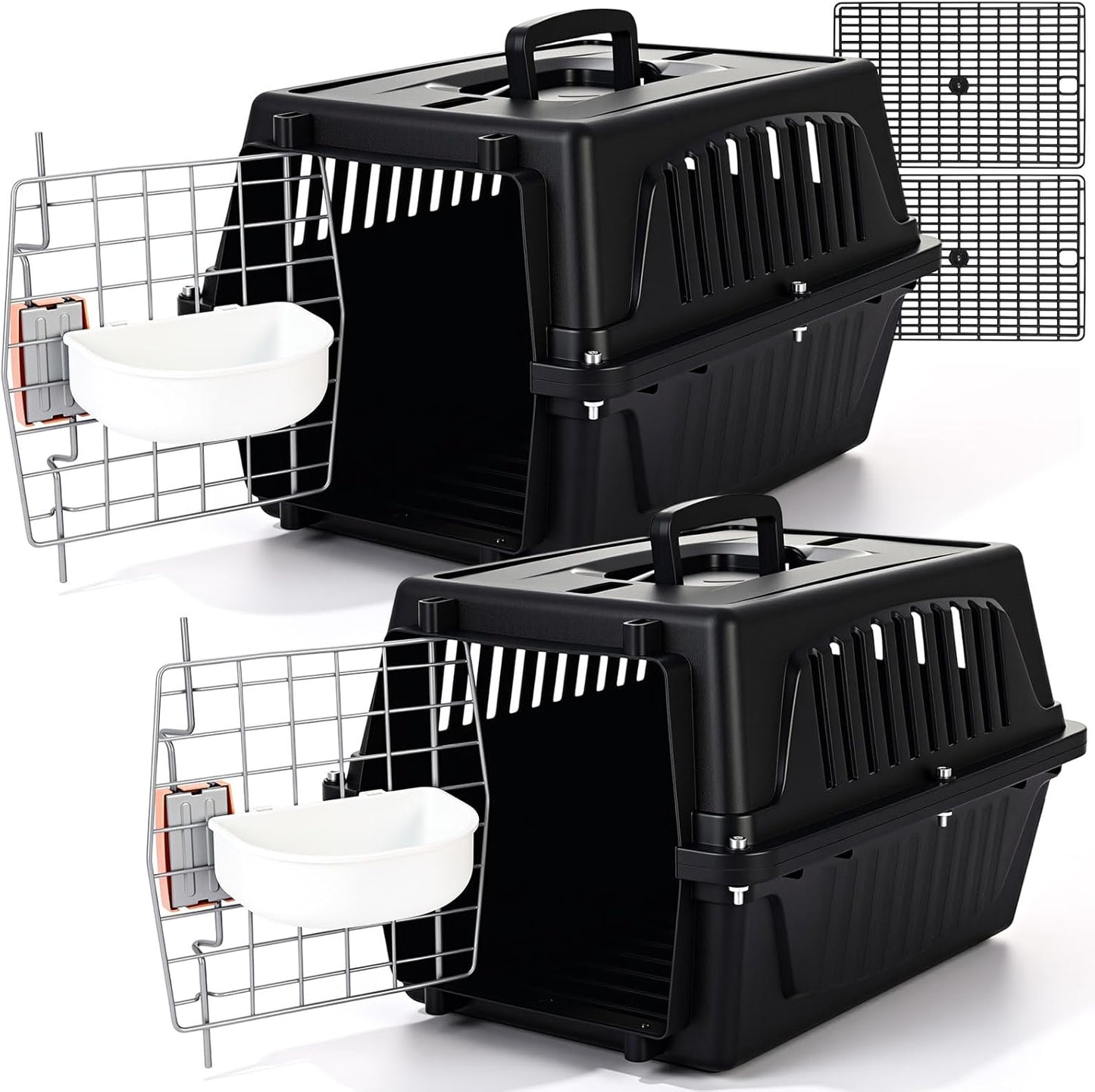 2 Set Pet Carrier for Small Dogs and Cat, Hard Shell Plastic Dog Crate with Bowl and Cooling Pad Fully Breathable Portable Kennel for Small Pet Travel Camp(Black,18.9 x 12.6 x 11.8 Inch)