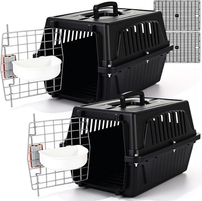 2 Set Pet Carrier for Small Dogs and Cat, Hard Shell Plastic Dog Crate with Bowl and Cooling Pad Fully Breathable Portable Kennel for Small Pet Travel Camp(Black,18.9 x 12.6 x 11.8 Inch)