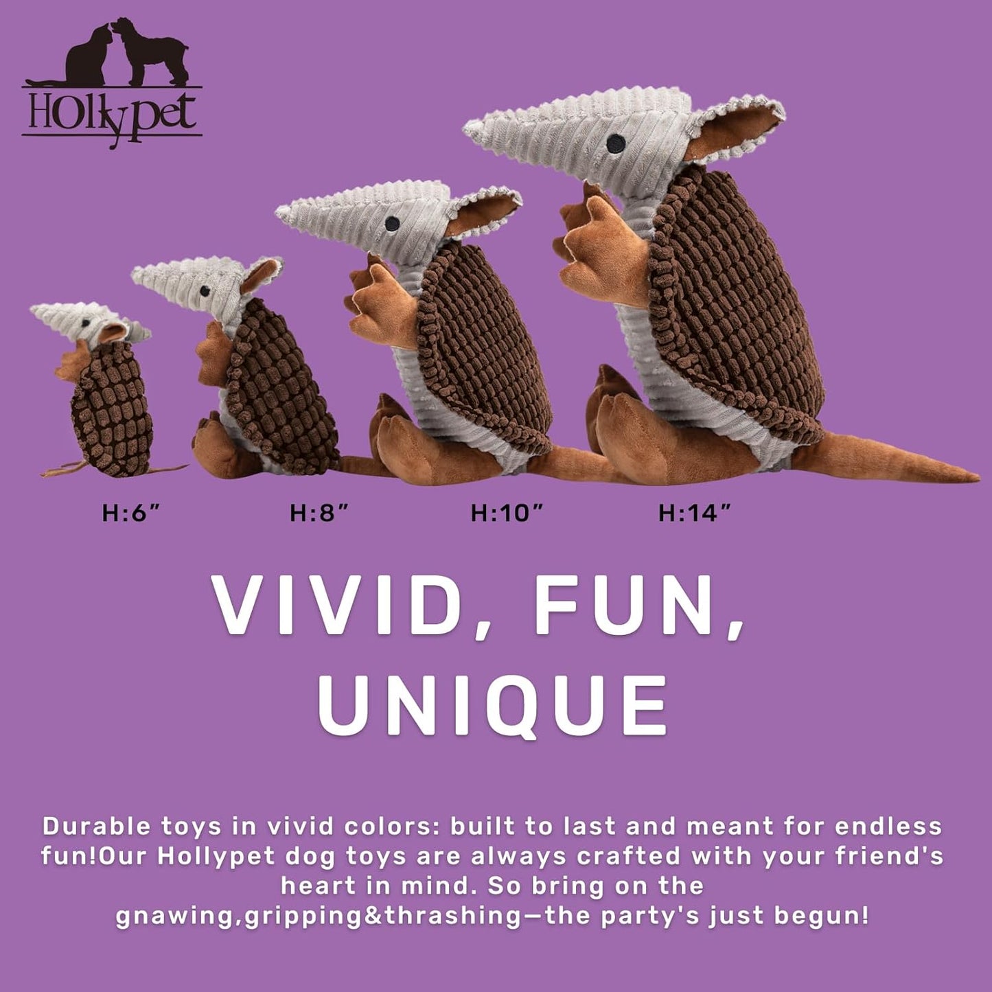 Hollypet Plush Dog Squeaky Toy Stuffed Armadillo Animal Pet Puppy Chew Toys with Clean Teeth for Small Medium Large All Breed Sizes Dogs, Brown, 6 in