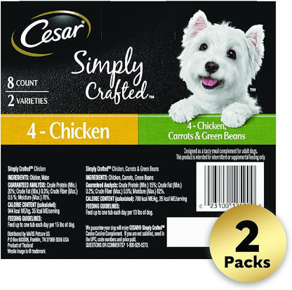 Cesar Simply Crafted Adult Wet Dog Food Meal Topper, Chicken and Chicken, Carrots & Green Beans Variety Pack, 1.3oz. (8 Count, Pack of 2)