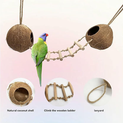 Bird Coconut Hides Nest with Ladder Parrot Cage Hanging Natural Coco Shell Hut Hide Toy with Wooden Bridge Hollow Hideaway Toys for Parakeet Lovebird Finch Canary 2PCS