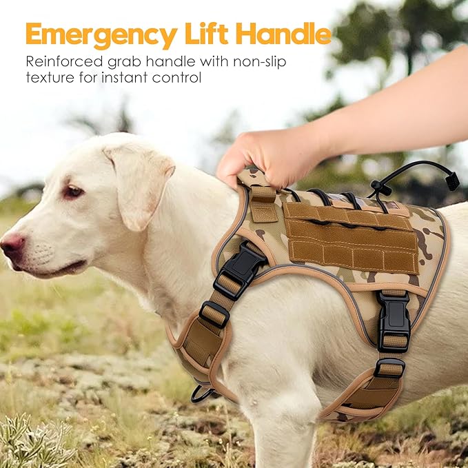 Heavy-Duty Tactical Dog Harness for Large Dogs, No Pull Adjustable Reflective Pet Vest with Molle System, K9 Military-Grade Control for Service Training, Outdoor & 10+ Breeds, Desert Camo, XX-Large