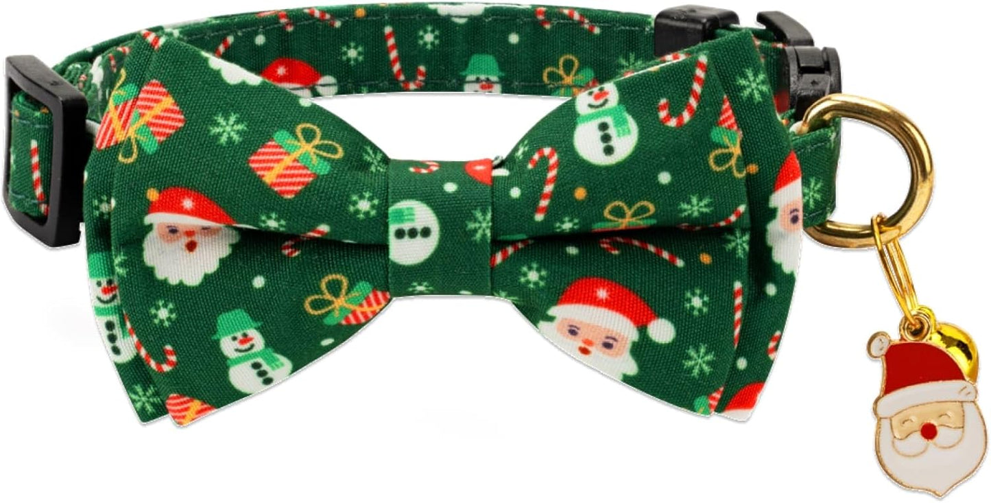 2 Pack Cotton Cat Collar with Bow Tie and Bell for Girl Boy Cats,Cute Green Santa Claus and Pink Snowman Pattern Christmas Breakaway Cat Collar for Male Female Cats (Santa Claus & Snowman)