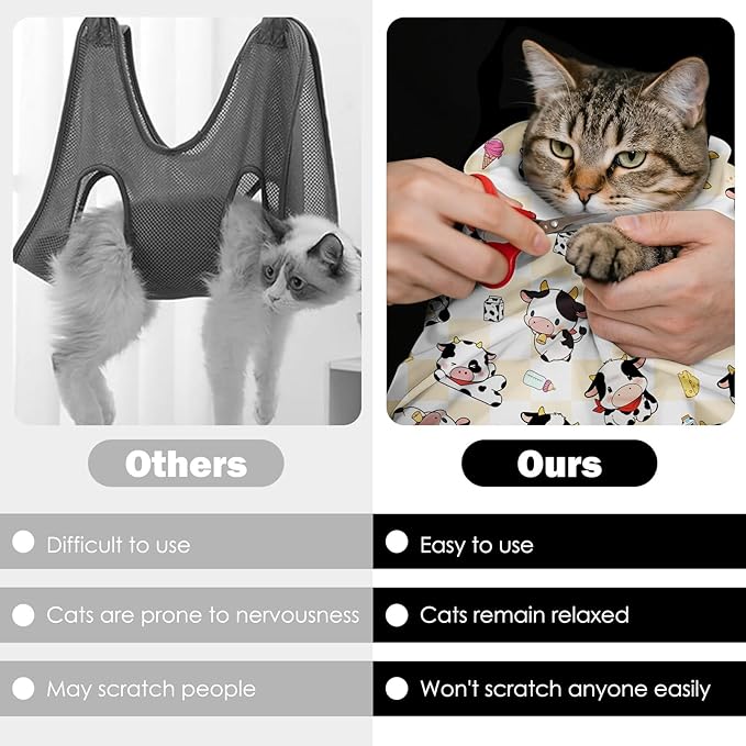 27.6" Cat Grooming Wrap, Self Adhesive Cat Wrap for Cutting Nails, Anti-Escape Calming Cat Swaddle Wrap for Medicine Ear Cleaning, Cow Anti-Scratch Cats Burrito Restraint Blanket, Pet Tool (6-10 lbs)