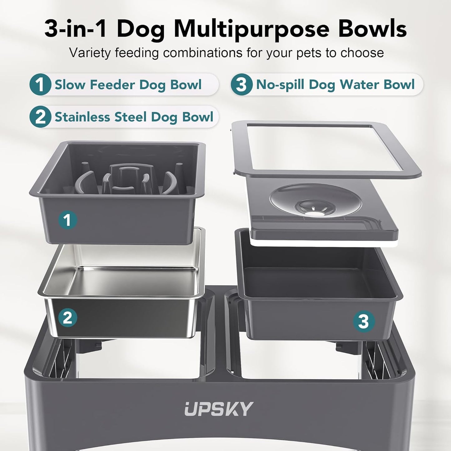 UPSKY 3-in-1 Elevated Dog Bowls Slow Feeder, Adjustable Stand, No Spill Water Dispenser, Stainless Steel Food & Water Bowl for Small Medium Dogs