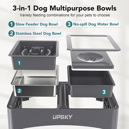 UPSKY 3-in-1 Elevated Dog Bowls Slow Feeder, Adjustable Stand, No Spill Water Dispenser, Stainless Steel Food & Water Bowl for Small Medium Dogs