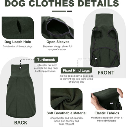 ROZKITCH Large Dog Shirts, Pet Windproof Warm Cold Weather Jacket Vest Cozy Jumpsuit Apparel Outfit Clothes for Walking Hiking Travel Sleep Green L