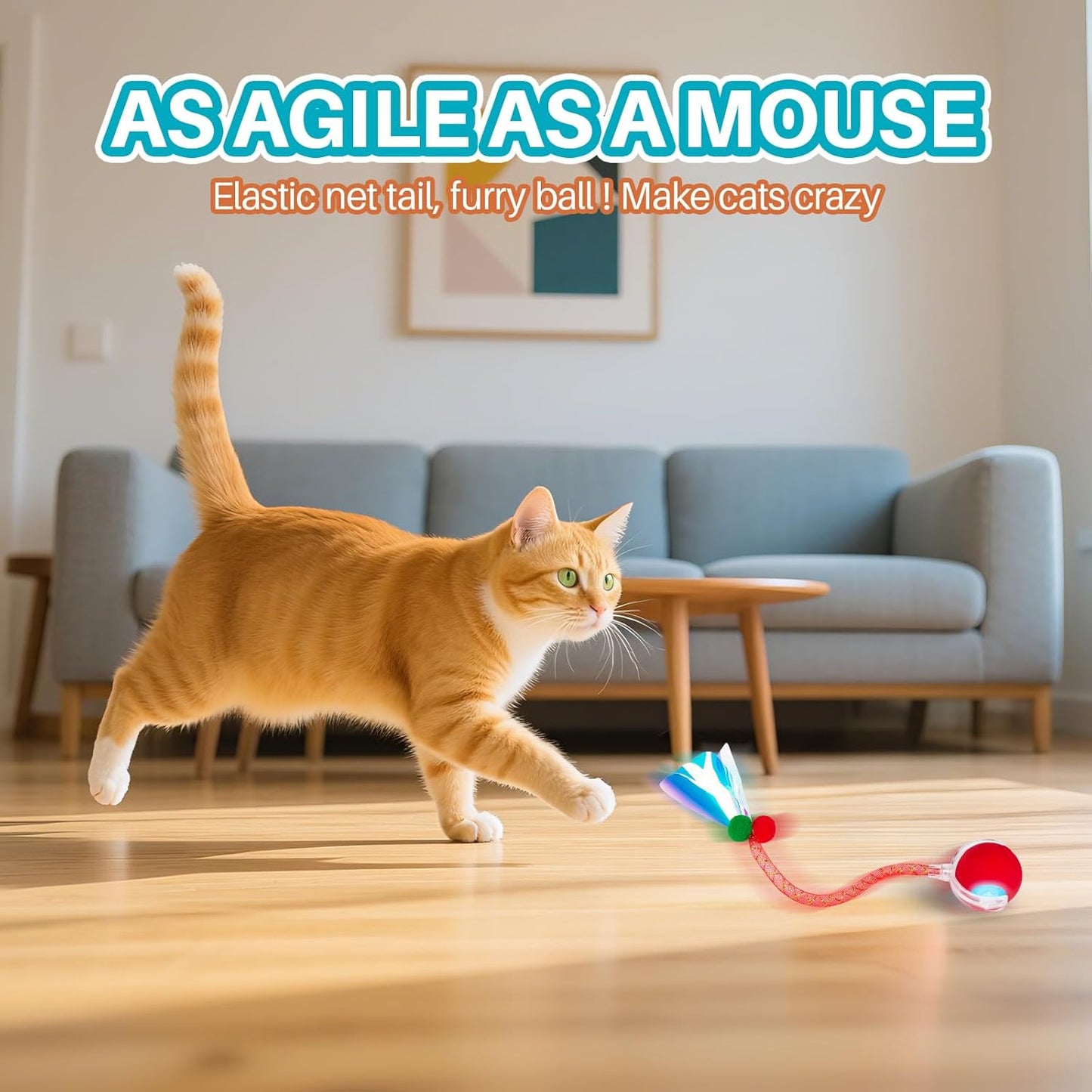 Interactive cat Toy cat Toys for Indoor Cats Agile Moving Cat Ball with Elastic Mesh Tail Automatic Kitten Toys Motion Activated Ball (Red)