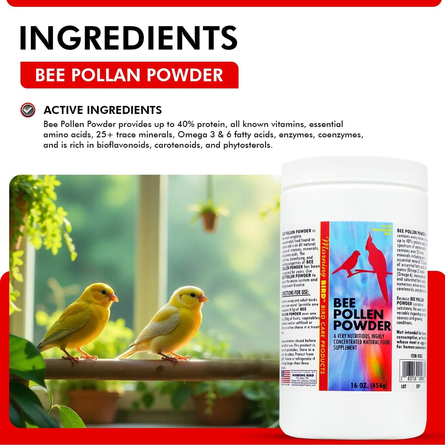 Morning Bird Bee Pollen Powder for Birds 16 Oz – Complete Nutrition with Protein, Amino Acids & Immune Support – Bird Vitamin & Mineral Supplement for Daily Health & Wellness