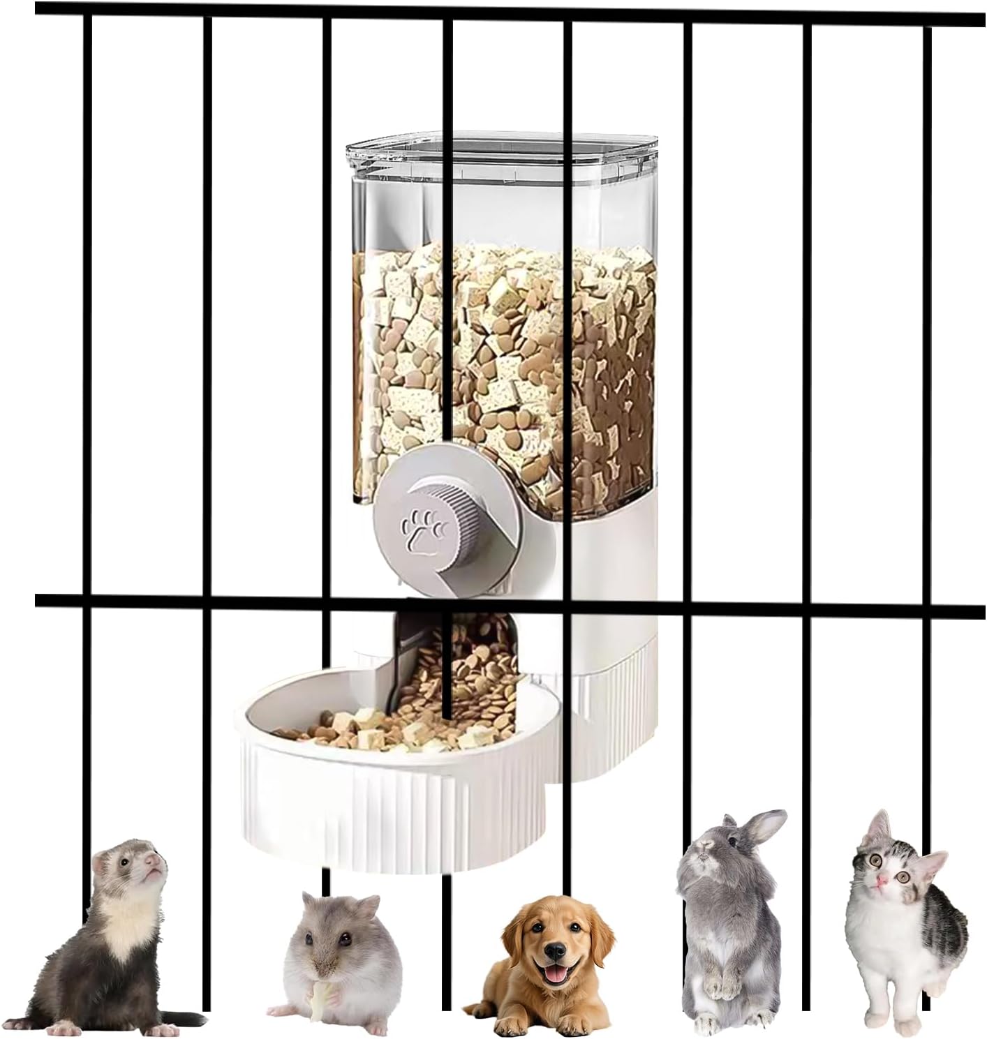 Auto Gravity Food Dispenser for Cage Hanging, 41OZ Capacity Hanging Automatic Pet Cage Feeder, Food Bowl for Cats Dogs Rabbit Ferret Chinchilla Bird Hedgehog Guinea Pig (White)