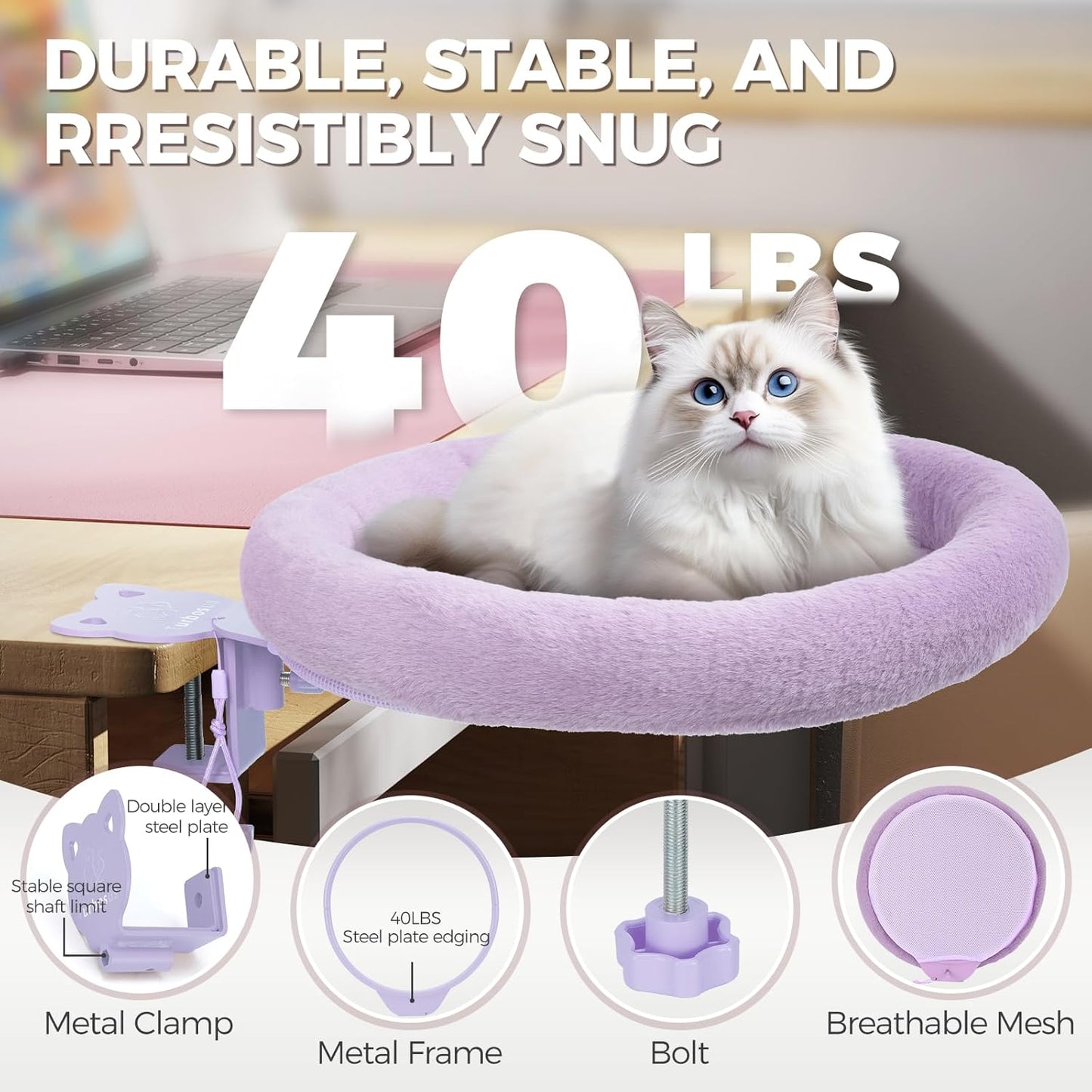 Rotating Cat Desk Bed - 40 LBS Chair-Side Cat Sleeping Basket with Bed for Desk, 360° Swivel & Removable Washable Cushion for Office Comfort(Purple