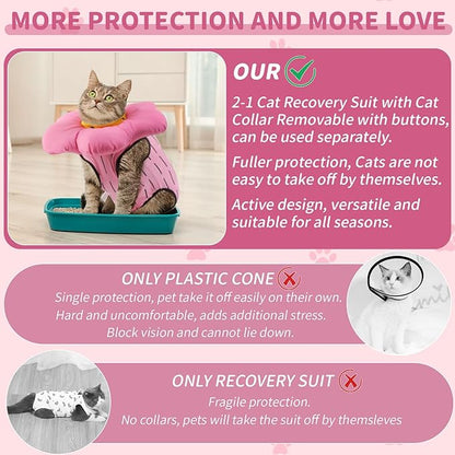 EMUST 2PCS Cat Recovery Suit and Cat Cone Collar Female, Cotton Breathable Cats Spay Recovery Suit, Adjustable Cute Flower Neck for Cats 8-16lb(Pink, L)