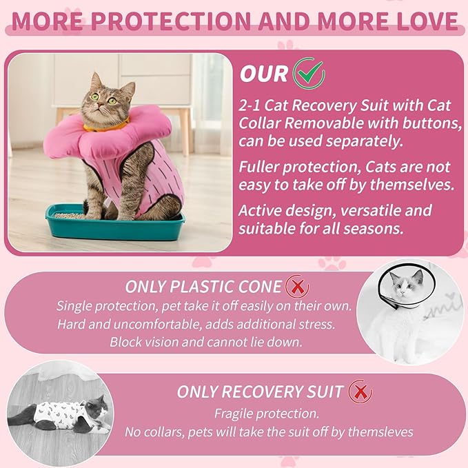 EMUST Cute Cat Recovery Suit & Cone Collar Set - Soft, Adjustable Flower Collar for Female Kittens Under 4lb (Pink, S)