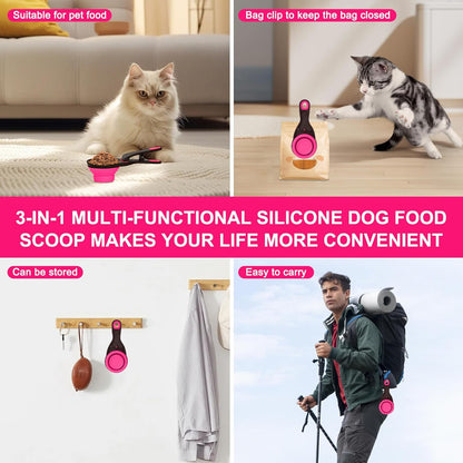 Collapsible Silicone Dog Food Scoop Foldable Pet Food Measuring Cup with Bag Clip 3 in 1 Multi-Function Silicone Dog Food Scooper (Rose Red, Small)
