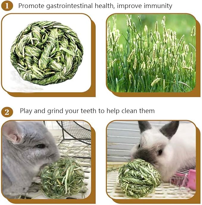 Rabbit Chew Ball Timothy Grass Grinding Small Animal Activity Play Chew Toys for Bunny Rabbits Hamster Guinea Pigs Gerbils (Pack of 2)
