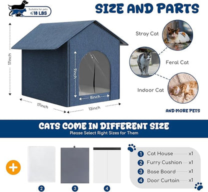 Outdoor Cat House Weatherproof, Insulated Cat Houses for Outdoor/Indoor Cats for Winter, Waterproof Feral Stray Cat Shelter with Warm Cushion and Door Curtain, Easy to Assemble, Navy Blue
