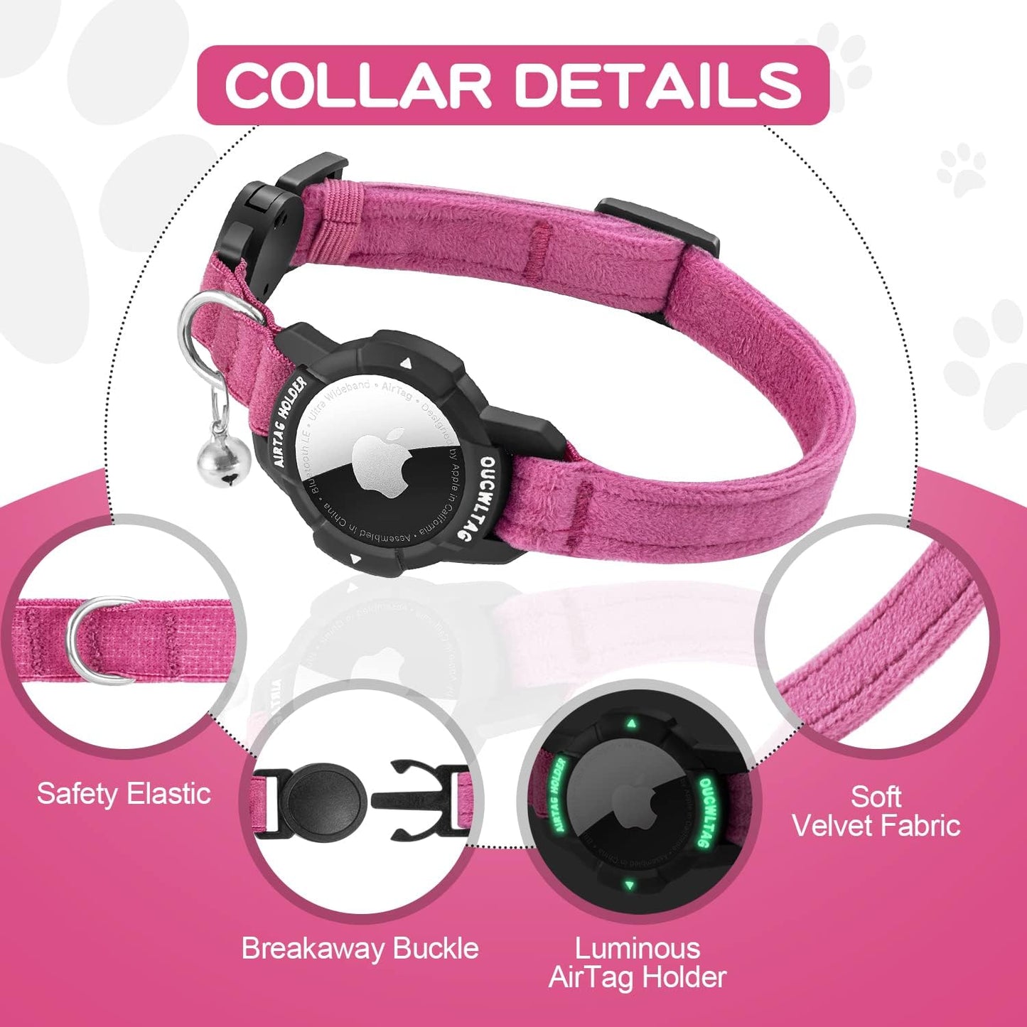 Luminous AirTag Cat Collar Breakaway, OUCWLTAG GPS Cat Collar with Apple Air Tag Holder, Cat Tracker Collars with Safety Elastic Band for Girl Boy Cats, Kittens and Puppies (Pink, 9-13 Inch)