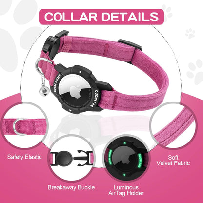 Luminous AirTag Cat Collar Breakaway, OUCWLTAG GPS Cat Collar with Apple Air Tag Holder, Cat Tracker Collars with Safety Elastic Band for Girl Boy Cats, Kittens and Puppies (Pink, 9-13 Inch)