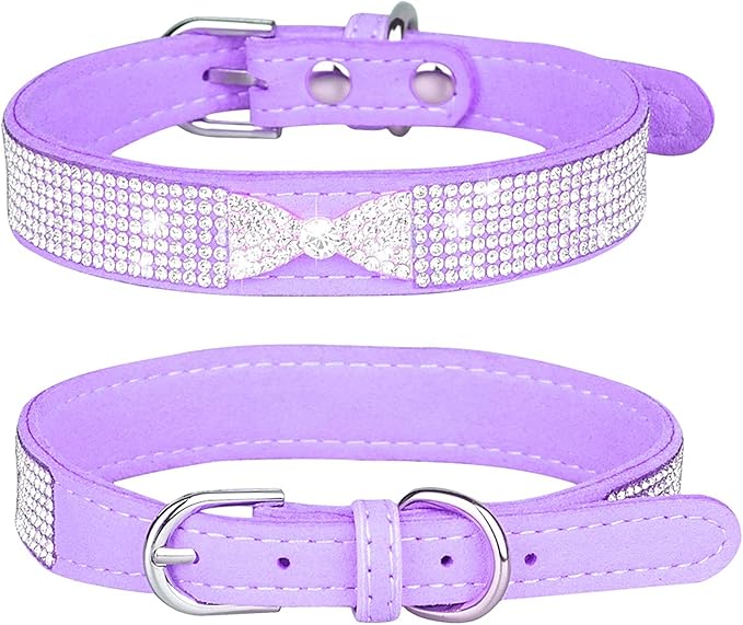 Rhinestone Dog Collar, Cute Dazzling Sparkling Soft Suede Leather Adjustable Pet Dog Cat Collar Crystal Diamond for Puppy Small Medium Large Dogs (L:38-46cm, Purple-3)