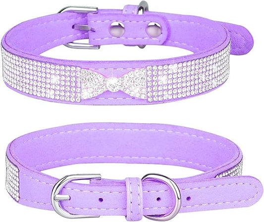 Rhinestone Dog Collar, Cute Dazzling Sparkling Soft Suede Leather Adjustable Pet Dog Cat Collar Crystal Diamond for Puppy Small Medium Large Dogs (L:38-46cm, Purple-3)
