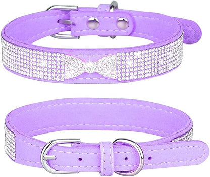Rhinestone Dog Collar, Cute Dazzling Sparkling Soft Suede Leather Adjustable Pet Dog Cat Collar Crystal Diamond for Puppy Small Medium Large Dogs (XS:21-26cm, Purple-3)