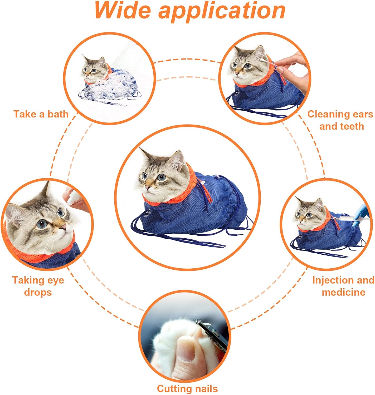 Breathable Mesh Anti Scratch Adjustable Cat Grooming Bag for Nail Trimming, Bathing - Polyester Soft Cat Washing Bag (Blue-Orange)