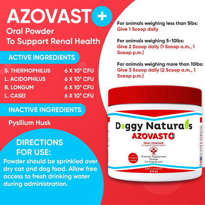 Azovast Plus Kidney Health Supplement for Dogs & Cats, Oral Powder (6 Oz) - (120 Doses/Jar) NO Refrigeration Required - Help Support Kidney Function & Manage Renal Toxins (Made in U.S.A) (6 Oz)