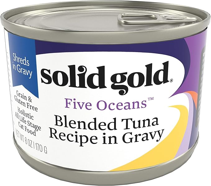 Solid Gold Wet Cat Food Shreds in Gravy - Canned Cat Food Made w/Real Tuna - Five Oceans Grain Free - 16ct/3oz Can
