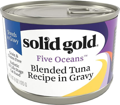 Solid Gold Wet Cat Food Shreds in Gravy - Canned Cat Food Made w/Real Tuna - Five Oceans Grain Free - 16ct/3oz Can