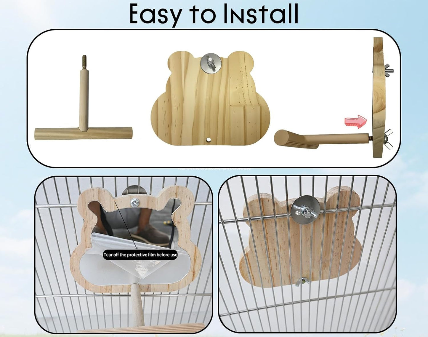 Wooden Bird Mirror with Perch for Cage, Parakeet Toys, Budgie Interactive Toys,Bird Cage Accessories for Parrots Cockatiel Conure Lovebirds Finch Canaries