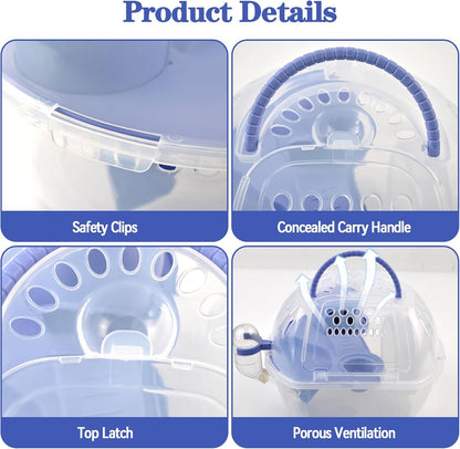 Dwarf Hamster Carrier Cage,Hamster Carrier Portable Hamster Travel Carry Case Breathable 2 Tiers with Silent Exercise Wheels,Water Bottle,Food Dish(Blue)