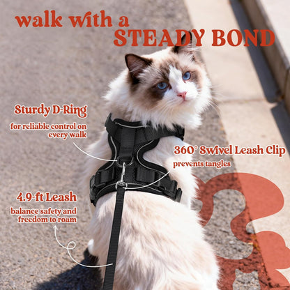 rabbitgoo Cat Harness and Leash for Walking, Escape Proof Soft Adjustable Vest Harnesses for Cats, Easy Control Breathable Reflective Strips Jacket, Black, S