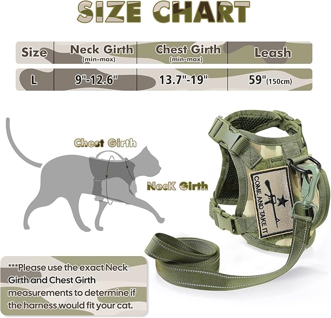 Tactical Cat Harness and Leash, Escape Proof Large Cat Walking Vest,Adjustable Soft Mesh Pet Vest Harness with Control Handle, Molle Patches