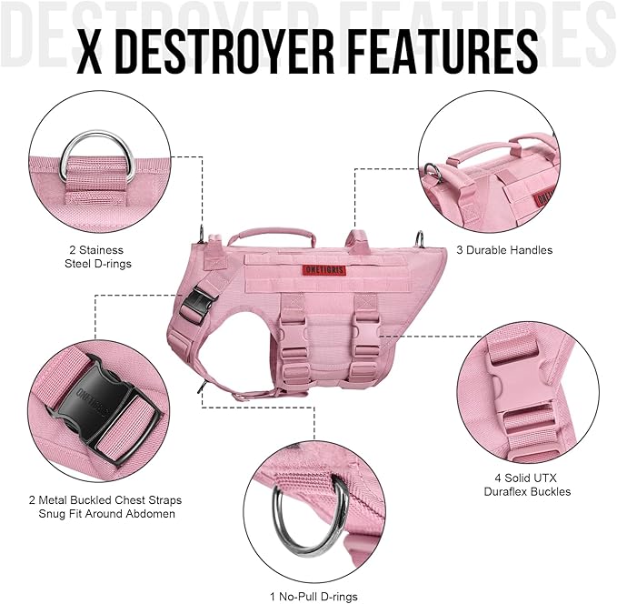 OneTigris Large Tactical Dog Harness, No Pulling Adjustable Dog Vest Harness, Heavy Duty Dog Harness with Handle, Large Hook and Loop Panels for Patch(Pink,XL