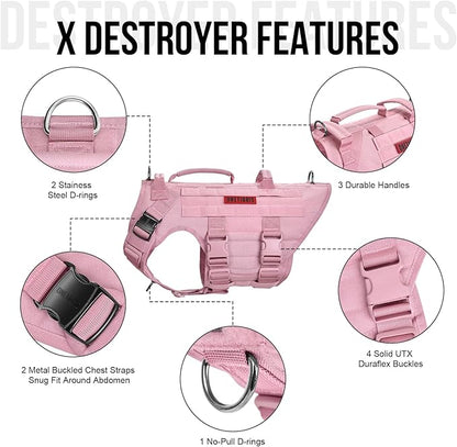 OneTigris Large Tactical Dog Harness, No Pulling Adjustable Dog Vest Harness, Heavy Duty Dog Harness with Handle, Large Hook and Loop Panels for Patch(Pink,XL