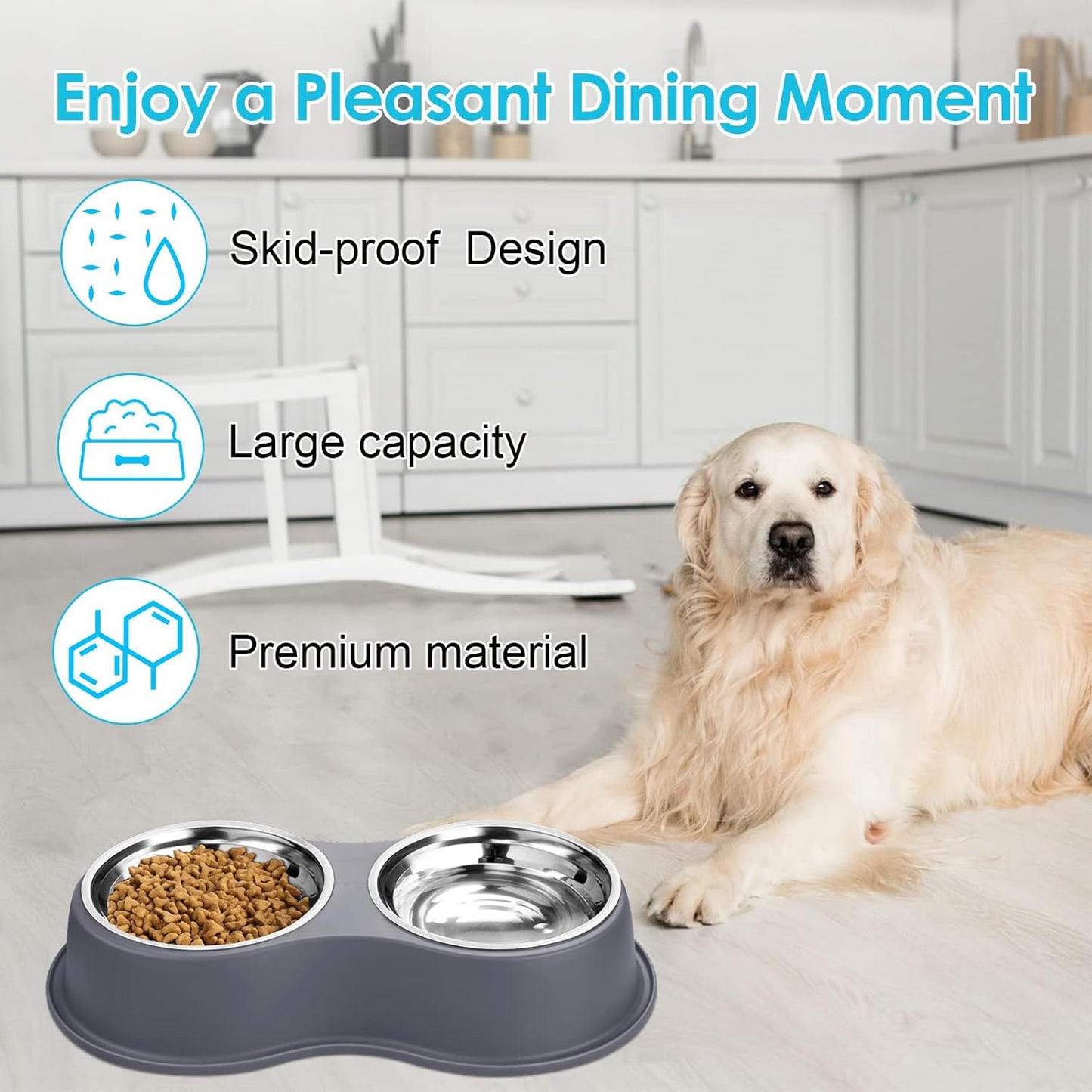 Dog Bowls Large Double Dog Water and Food Bowls Stainless Steel Bowls with Non-Slip Resin Station, Pet Feeder Bowls Food Dish for Small Medium Large Dogs Cats