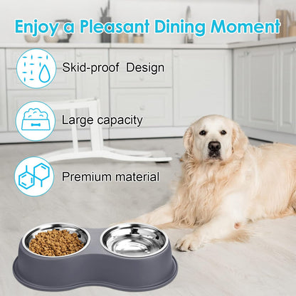 Dog Bowls Large Double Dog Water and Food Bowls Stainless Steel Bowls with Non-Slip Resin Station, Pet Feeder Bowls Food Dish for Small Medium Large Dogs Cats