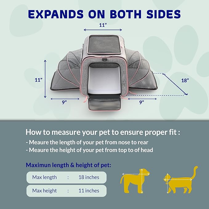 Katziela Rolling Rover Airline Compliant Expandable Premium Pet Carrier 6-Wheeled Baseboard Telescopic Handle Two-Sided Expandable Rolling Carrier Designed (Gray- Pink Piping)