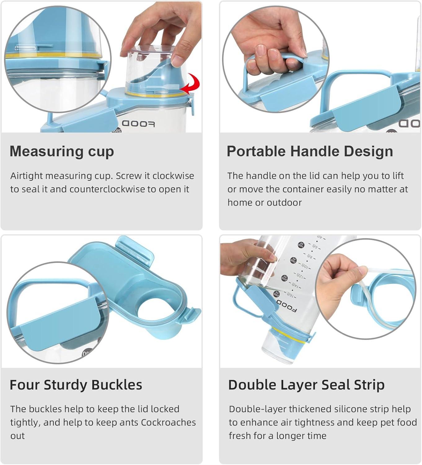 3-5 LBS Cat Dog Food Storage Container Upgraded Large Nozzle BPA-free, Plastic Pet Food Storage Containers With 4 Sealed Clasps, 1 Measuring Cup and With Folding Bowl (Blue 1Pack)