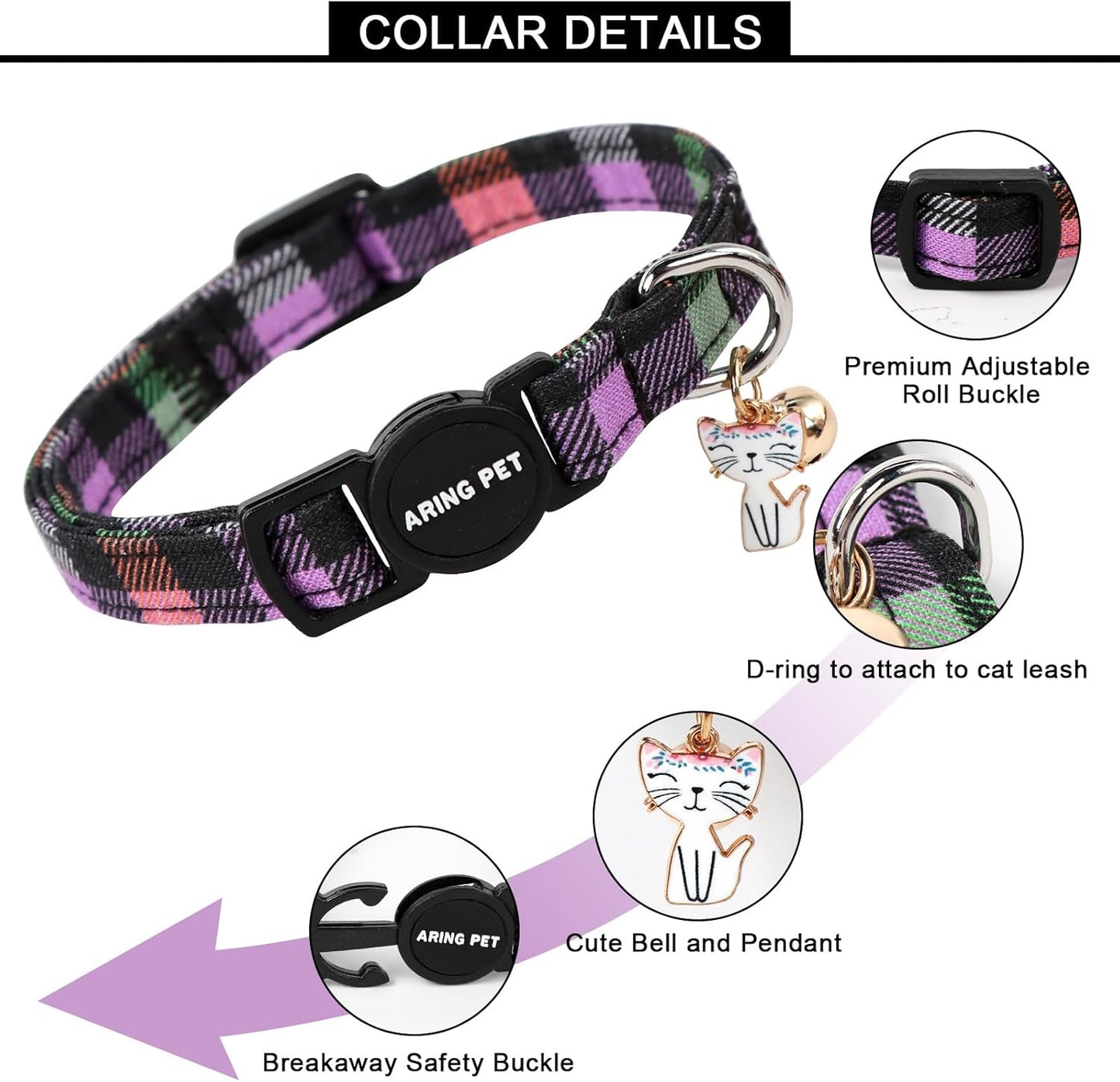 ARING PET 2 Pack Cat Collars-Cute Cat Collar Breakaway with Bell & Pendant, Adjustable Purple Halloween Kitten Collars with Safety Buckle for Girl and Boy Cats