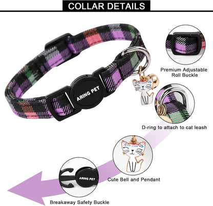 ARING PET 2 Pack Cat Collars-Cute Cat Collar Breakaway with Bell & Pendant, Adjustable Purple Halloween Kitten Collars with Safety Buckle for Girl and Boy Cats