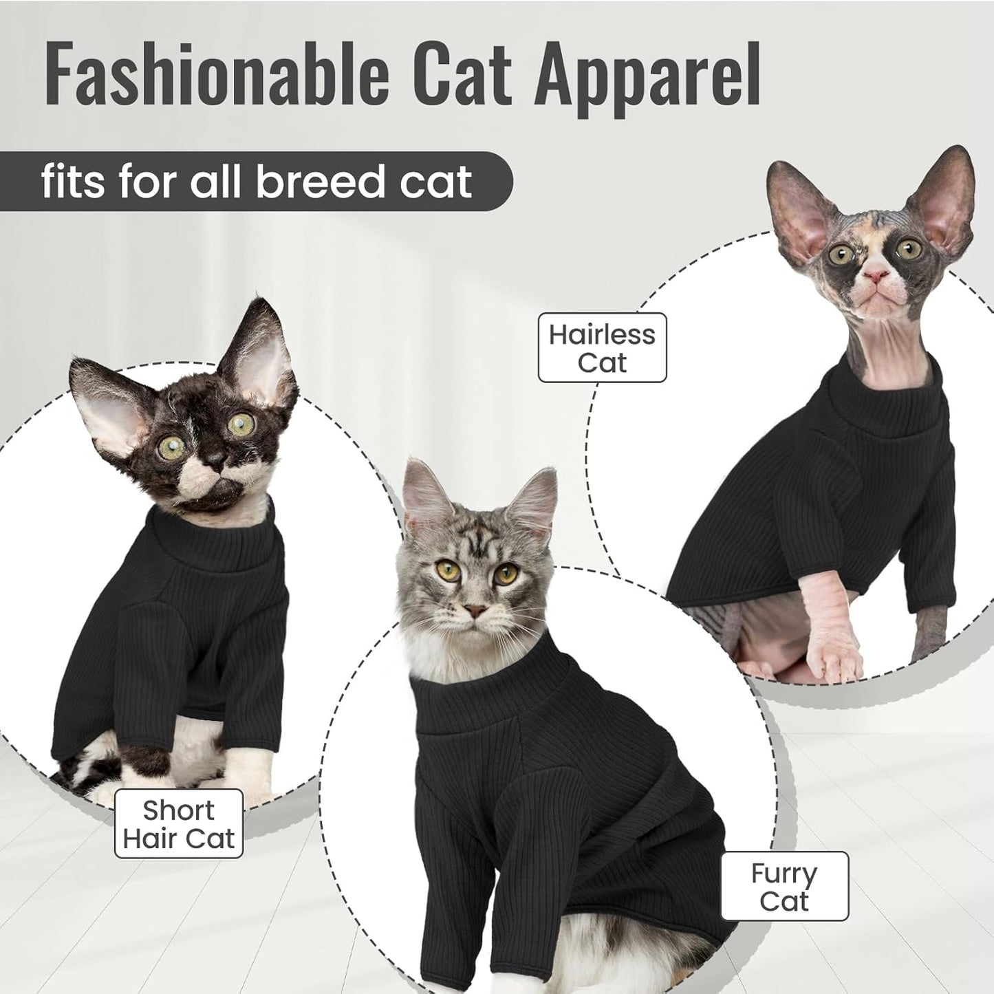DENTRUN Sphynx Hairless Cats Shirt Pullover Kitten T-Shirts, Breathable Cat Wear Turtleneck Sweater Adorable Cat's Clothes Vest Pajamas Jumpsuit