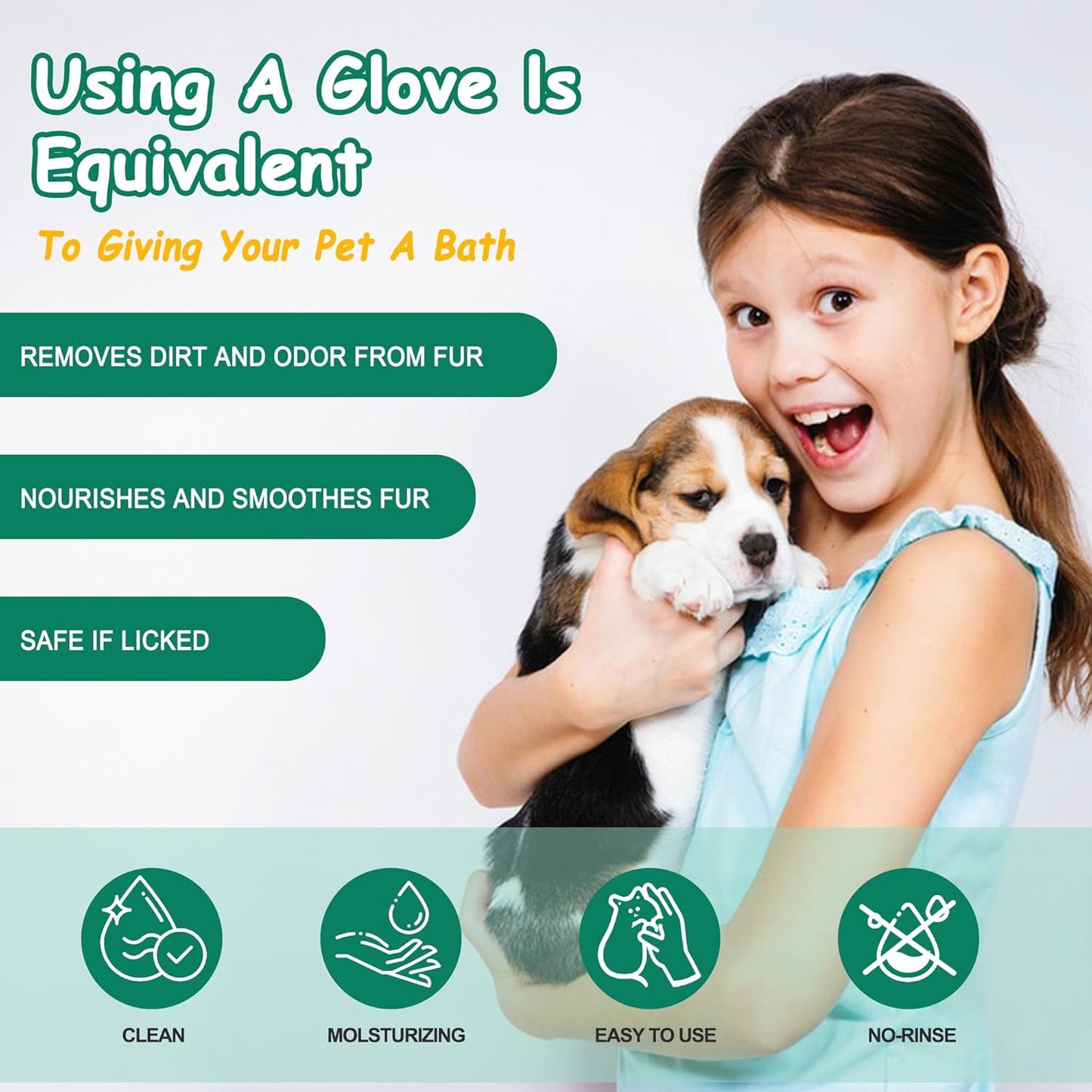 Pet Cleaning and Deodorizing Bathing Grooming Glove Wipes for Dogs and Cats, Extra Thick Nourish Fur No-Rinse Grooming Wipes for Daily Care and Travel, Hypoallergenic, 10 pcs