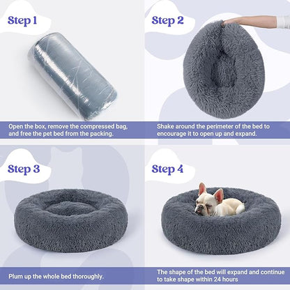 rabbitgoo Calming Dog Bed for Small Medium, 27 inches Pet Bed Machine Washable, Non-Slip Round Fluffy Plush Faux Fur, Soft Donut Cuddler Cushion for Small Dogs, Dark Grey