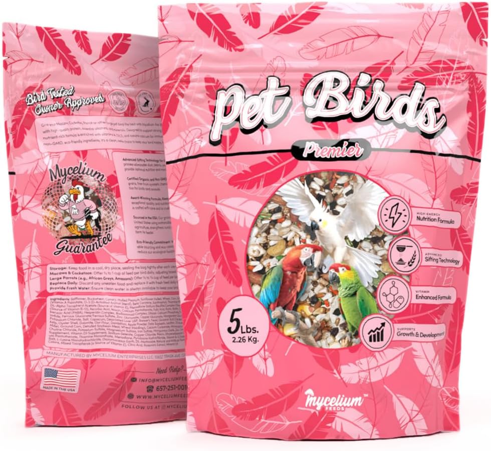 Mycelium Organic Pet Bird Premier Bird Seed (5 LBS) | Premium Food for Parrots, Cockatoos, & Large Birds | High-Protein, Vitamin-Fortified, Growth & Development Support | USA Made, Non-GMO
