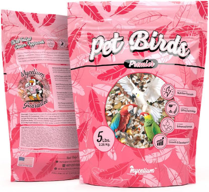 Mycelium Organic Pet Bird Premier Bird Seed (5 LBS) | Premium Food for Parrots, Cockatoos, & Large Birds | High-Protein, Vitamin-Fortified, Growth & Development Support | USA Made, Non-GMO