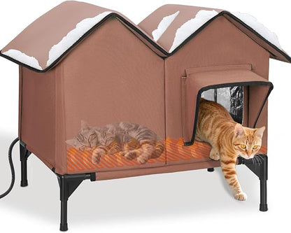 Heated Cat House for Outside, Large Elevated Waterproof Outdoor Cat House Weatherproof with Escape Doors and Heating Pad for Winter, Sturdy Insulated Outdoor Cat Shelter for Multiple Cats, Brown