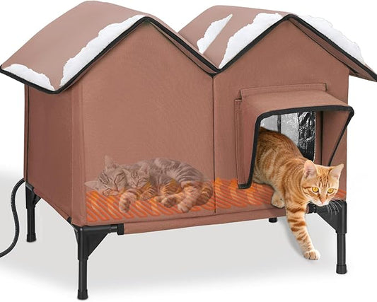 Heated Cat House for Outside, Large Elevated Waterproof Outdoor Cat House Weatherproof with Escape Doors and Heating Pad for Winter, Sturdy Insulated Outdoor Cat Shelter for Multiple Cats, Brown